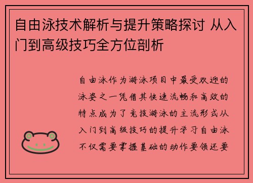 自由泳技术解析与提升策略探讨 从入门到高级技巧全方位剖析